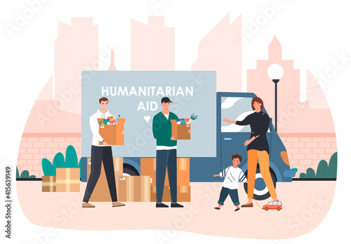 Two male vounteer giving help boxes to refuges from humanitarian aid van. Concept of humanitarian aid, material assistance. Thankful woman with little child. Flat cartoon vector illustration photo