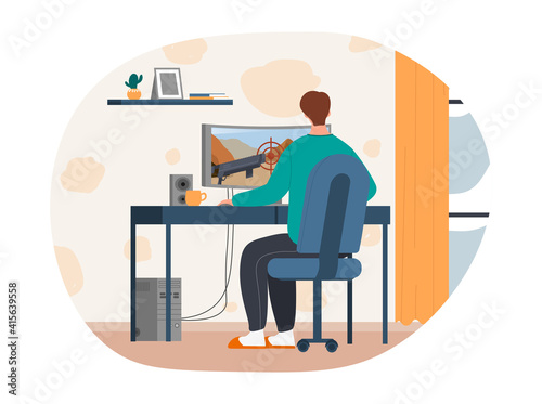 Male character is playing computer game at home. Young man sitting at desk and enjoying online gaming. Concept of teenager hobby and leisure activity. Flat cartoon vector illustration