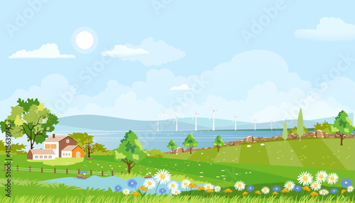 Panorama landscape of spring village with green meadow on hills with blue sky, Vector Summer or Spring landscape, Panoramic countryside of green field with farmhouse, barn and grass flowers