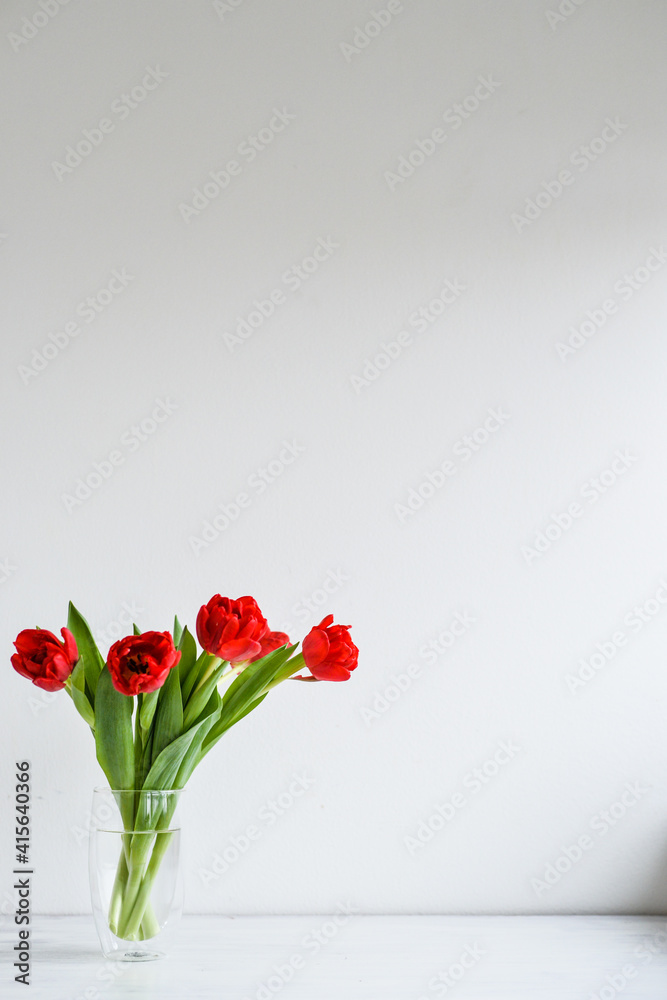 Tulip bouquet standing on the transparent glass vase on the white wooden background - Simplicity and nature
