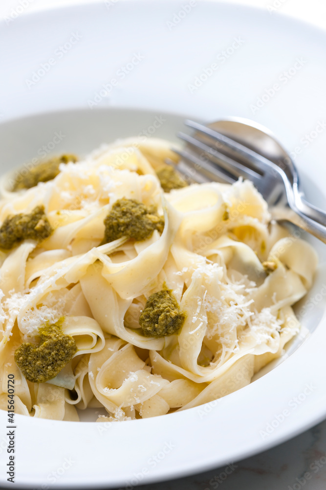 pasta tagliatelle with green pesto