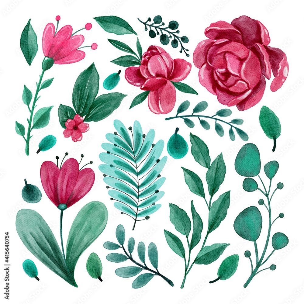 Watercolor peonies and leaves collection set. Handdrawn watercolor painted clip art, Botanical Decoration and symbol isolated on white. Perfect for decoration of invitations, posters and packaging.
