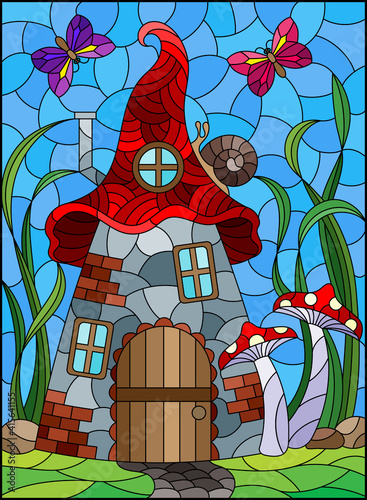 A stained-glass illustration with a fairy-tale dwarf house on a background of grass and blue sky
