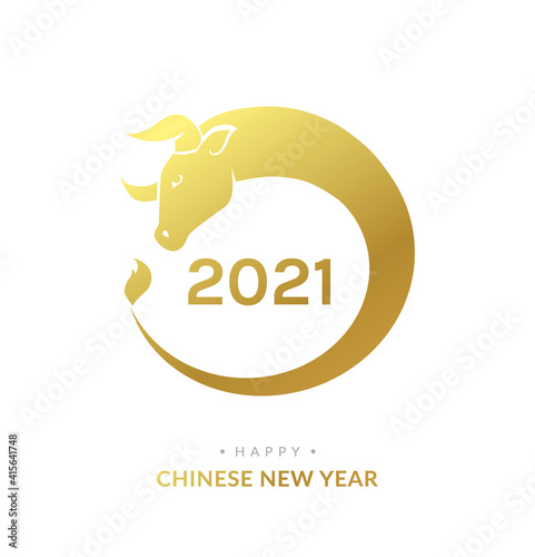 Happy Chinese New Year. Stylized Ox symbol in golden color isolated on white background. Elegant greeting card in vector