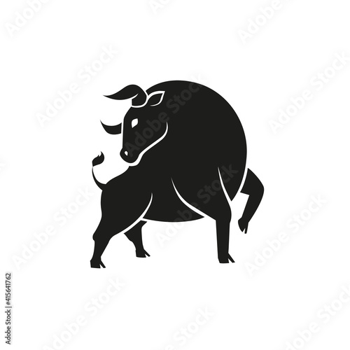 Stylized black bull silhouette in vector. Isolated Ox symbol on white background. Taurus zodiac sign simple icon