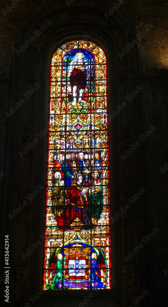 Lisbon, Portugal - Stained glass in the Church of Santa Maria de Belém (Igreja de Santa Maria de Belém) in Jerónimos Monastery