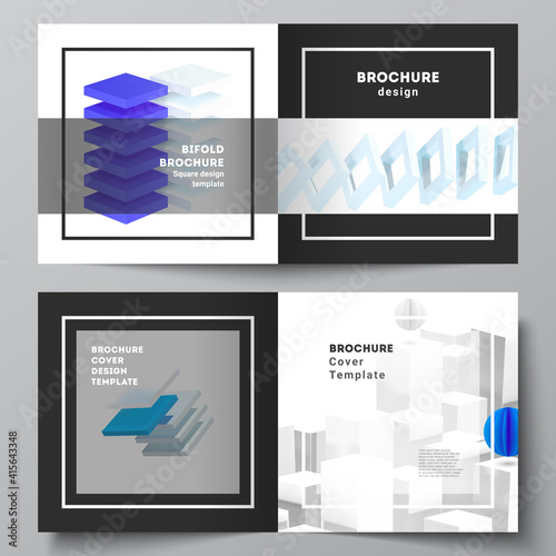 Vector layout of two covers template for square bifold brochure  flyer  magazine  cover design  book design  brochure cover. 3d render vector composition with realistic geometric blue shapes in motion
