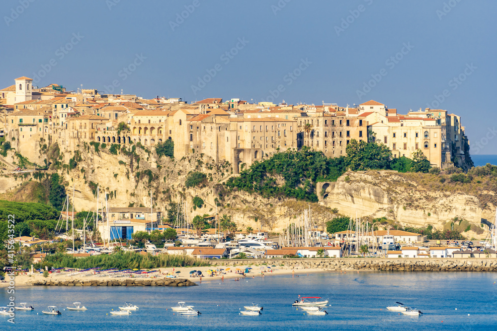 Tropea, Italy August 2020: Landscape of Tropea and the Sanctuary of Santa Maria dell'Isola, Calabria, Italy. Landmarks of Calabria, iconic church in Tropea.