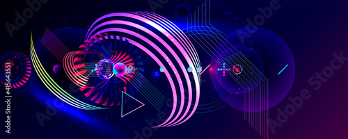 Dark retro futuristic art neon abstraction background cosmos new art 3d starry sky glowing galaxy and planets blue circles