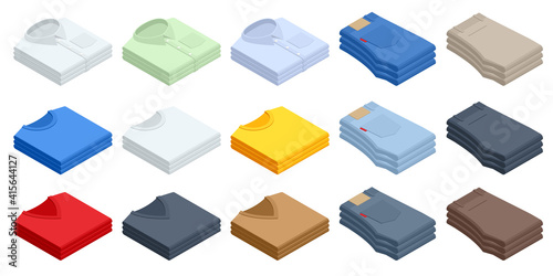 Set clothes isometric shirt, t-shirt, sweater, jeans. Big t-shirt template collection of different colors.