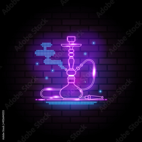 Hookah neon signs on dark brick wall background