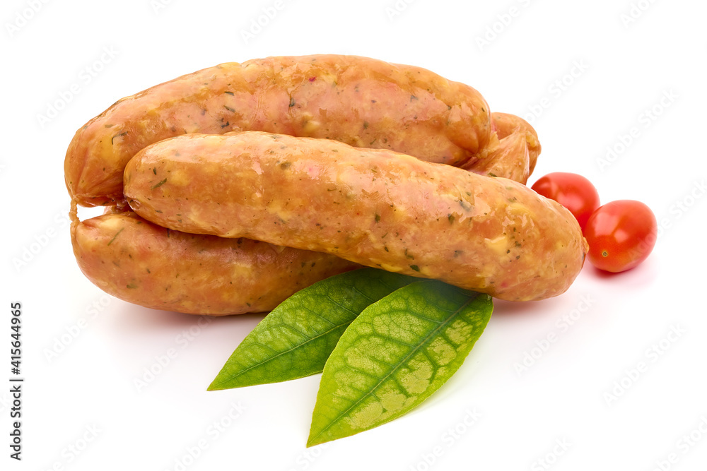 Smoked pork sausages, isolated on white background Smoked pork sausages, isolated on white background