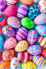 Beautiful multi colorful easter eggs from design and hand painted for festival holiday on blue wooden plank background.