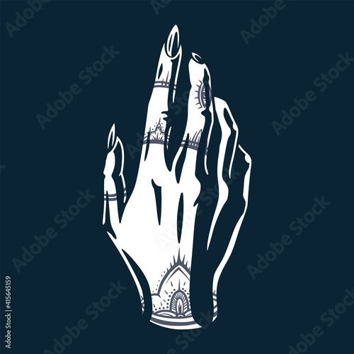 Woman wrist . Female hand with fingers and tattoo for nail bar. Element for beauty studio. Fashion, trendy style of fingernails