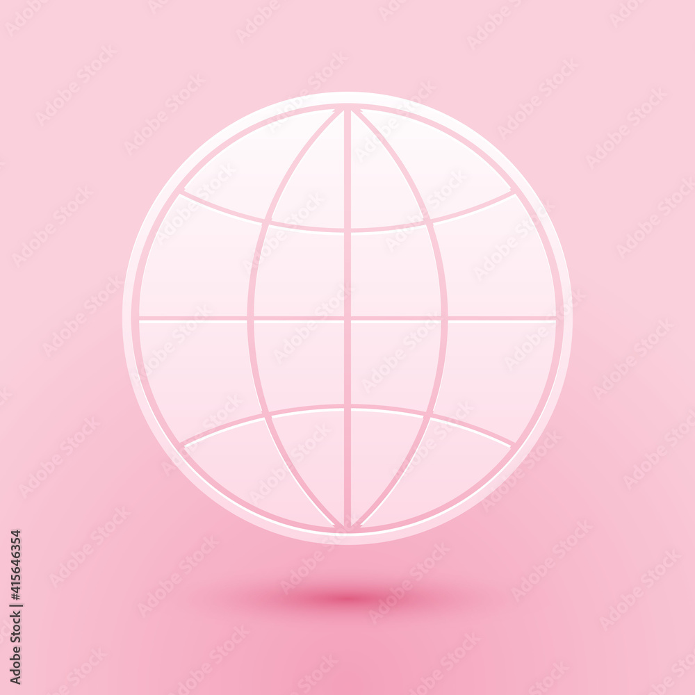 Paper cut Earth globe icon isolated on pink background. World or Earth sign. Global internet symbol. Geometric shapes. Paper art style. Vector. Paper cut Earth globe icon isolated on pink background. World or Earth sign. Global internet symbol. Geometric shapes. Paper art style. Vector.