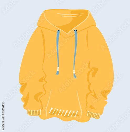 Gold or yellow oversize hoodie isolated od blue background. Trendy hand-drawn vector flat cartoon illustration.