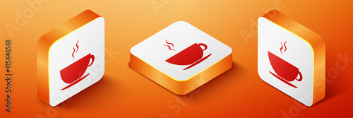 Isometric Coffee cup icon isolated on orange background. Tea cup. Hot drink coffee. Orange square button. Vector.