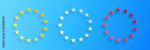 Paper cut Flag of European Union icon isolated on blue background. EU circle symbol. Waving EU flag. Paper art style. Vector.
