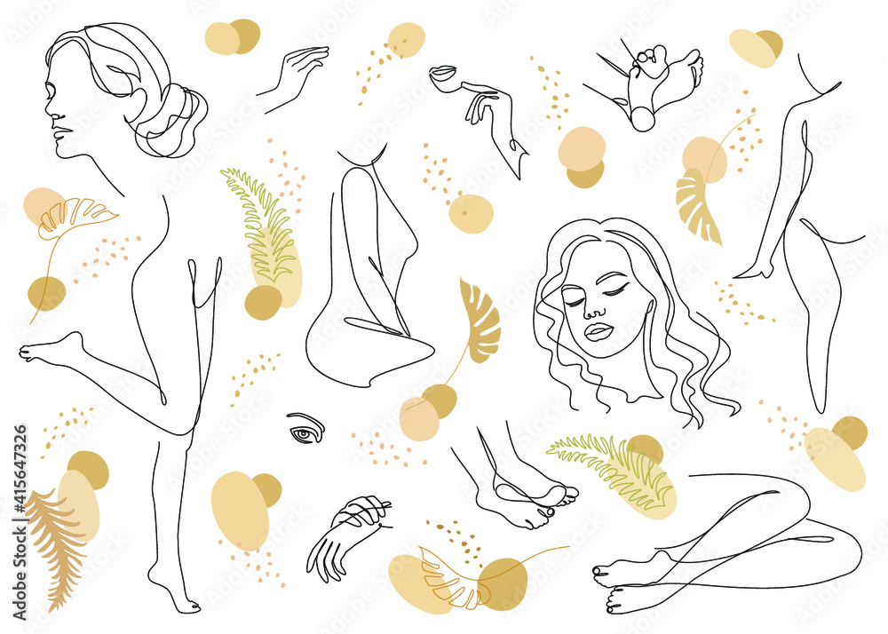Collection. Silhouettes of a girl's body and leaves in a modern one line style. Continuous lady line drawing, outline for decor, posters, wall art, stickers, logo. Vector illustration set.