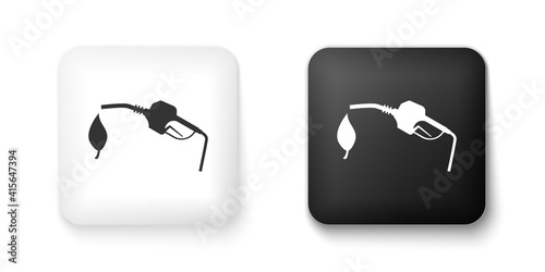 Black and white Bio fuel concept with fueling nozzle and leaf icon isolated on white background. Natural energy concept. Gas station gun sign. Square button. Vector.