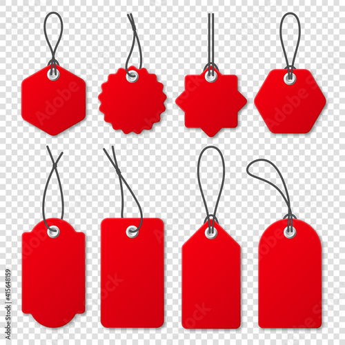 Realistic red price tags collection. Special offer or shopping discount label. Retail paper sticker. Blank promotional sale badge. Vector illustration.