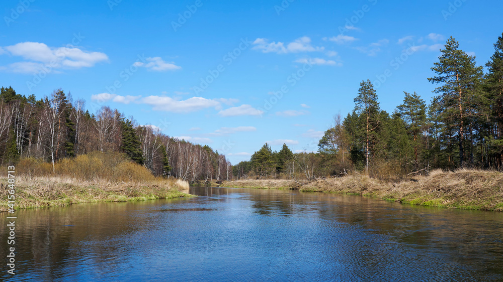 Scenic spring landscape with a small winding river flows through the forest. Tver region of Russia, Europe. Calm sunny day in April