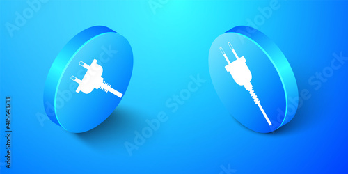 Isometric Electric plug icon isolated on blue background. Concept of connection and disconnection of the electricity. Blue circle button. Vector.