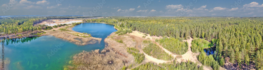 roads to lakes in pine forest aerial view roads to lakes in pine forest aerial view