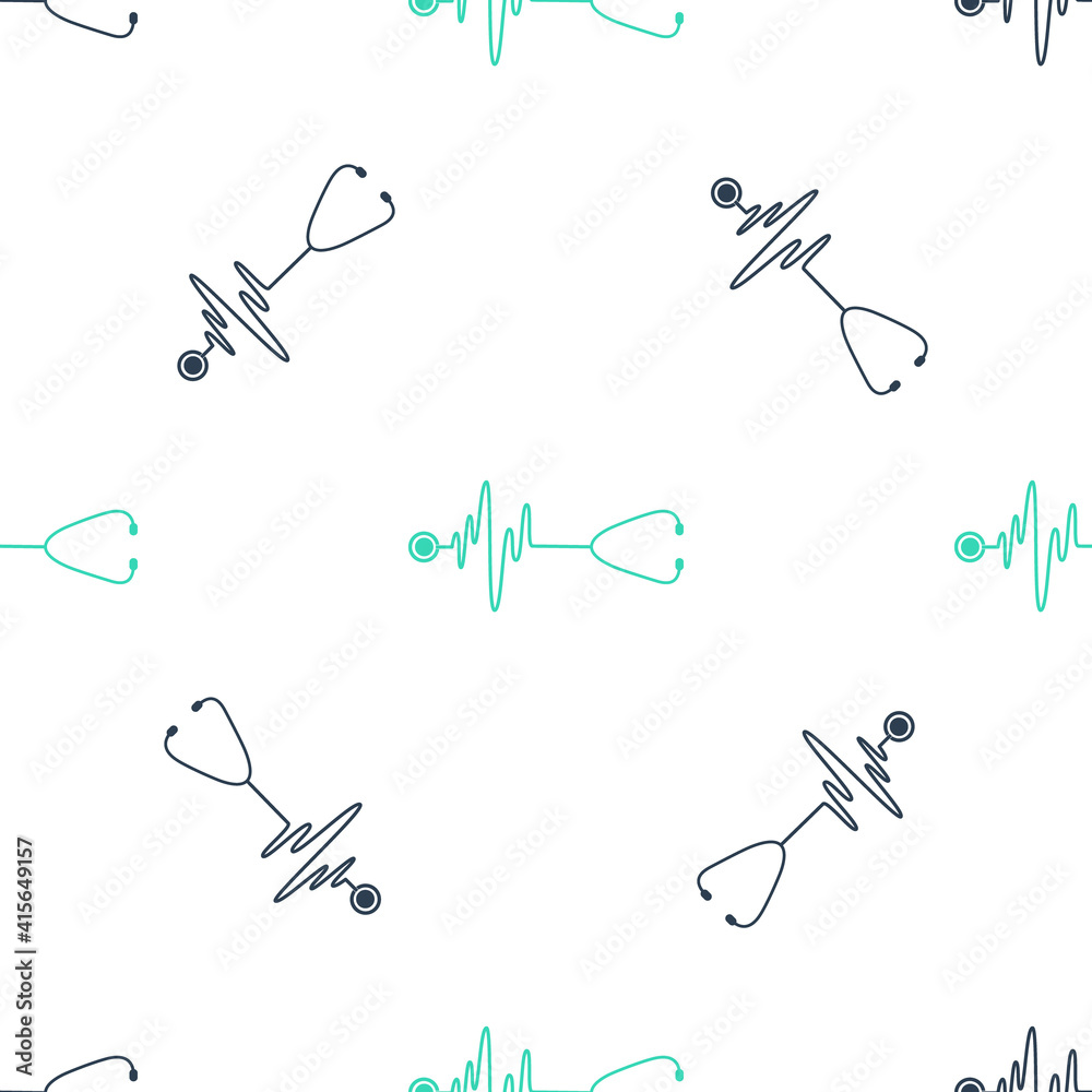 Green Stethoscope with a heart beat icon isolated seamless pattern on white background. Medical concept. Pulse care symbol. Vector. Green Stethoscope with a heart beat icon isolated seamless pattern on white background. Medical concept. Pulse care symbol. Vector.