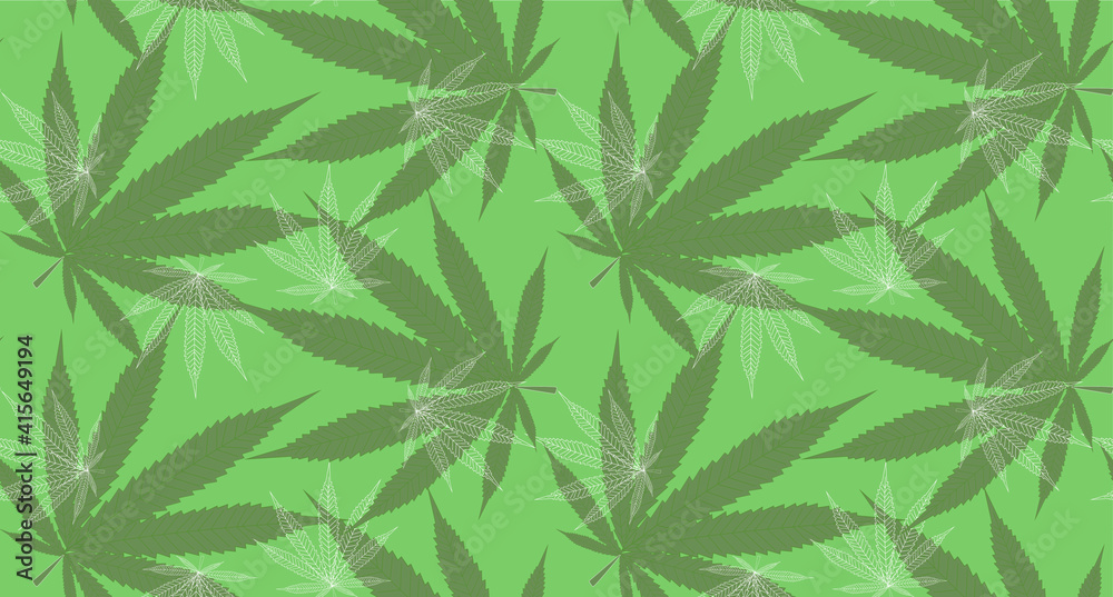 Floral seamless pattern, gray and white cannabis leaves on a green background. Vector. Fashionable design for textiles, fabric, wallpaper, paper.