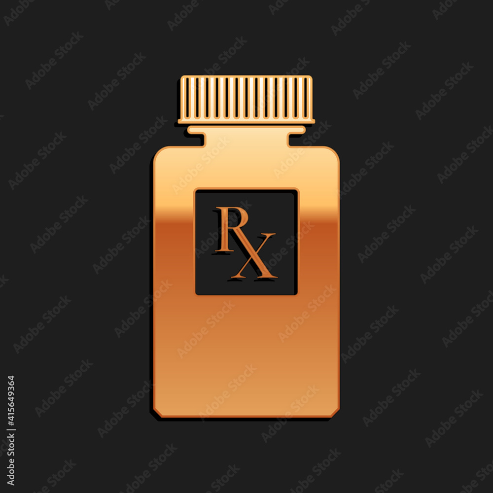 Gold Pill bottle with Rx sign and pills icon isolated on black background. Pharmacy design. Rx as a prescription symbol on drug medicine bottle. Long shadow style. Vector.