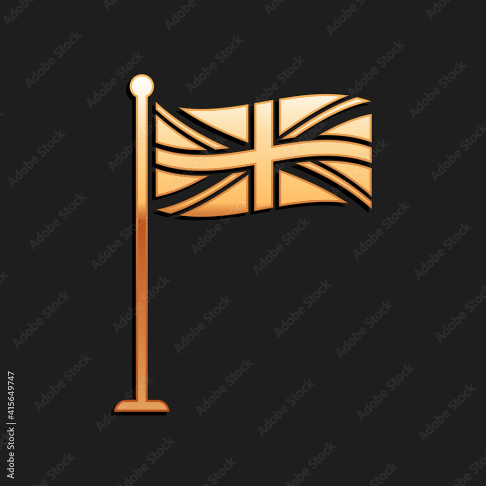 Gold Flag of Great Britain on flagpole icon isolated on black background. UK flag sign. Official United Kingdom flag sign. British symbol. Long shadow style. Vector.
