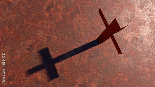 Concept or conceptual cross on a rusted corroded metal or steel sheet backround. 3d illustration metaphor for God, Christ, Christianity, religious, faith, holy, spiritual, Jesus, belief, resurection