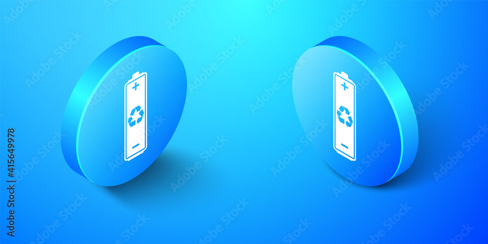 Isometric Battery with recycle symbol icon isolated on blue background. Battery with recycling symbol - renewable energy concept. Blue circle button. Vector. Isometric Battery with recycle symbol icon isolated on blue background. Battery with recycling symbol - renewable energy concept. Blue circle button. Vector.