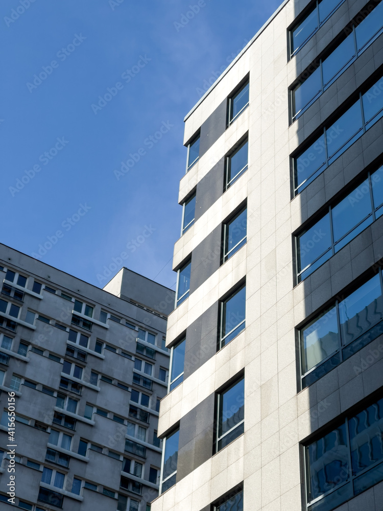 City, street. Traffic. Big city on a sunny day. Real estate business buildings during the day.