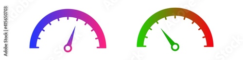 Neon bright semicircle speedometer with arrow icon. Blue indicator with arrow green beginning progress and pink turning into red dangerous assessment performance vector quality.