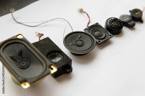 A lot of small sound speakers for radio equipment, laptop, tape recorder. Radio components.