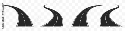 Highways meandering in different directions set. Black coil line asphalt with white dotted line difficulties of life path with constantly changing events vector priorities.