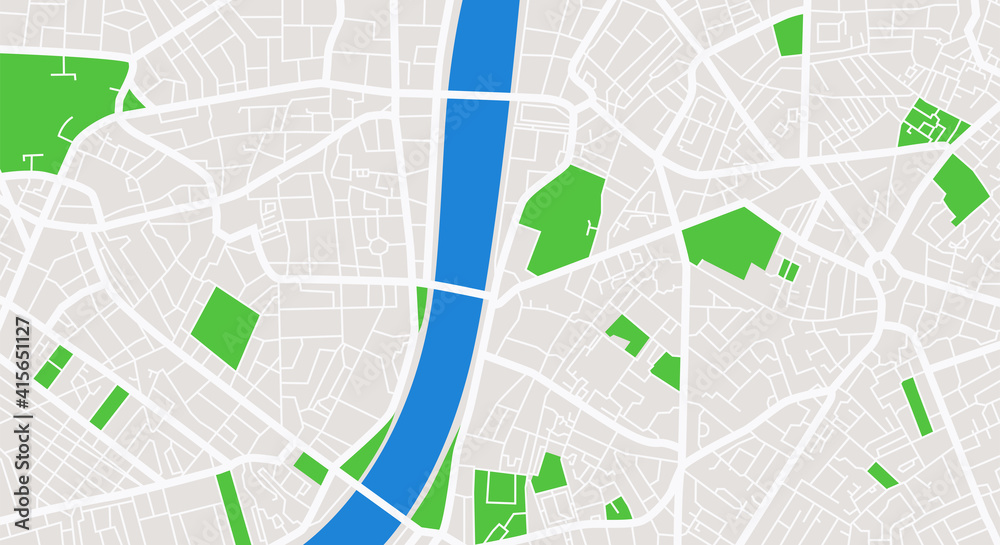 City center map with river and trees. GPS navigation. Flat vector illustration.