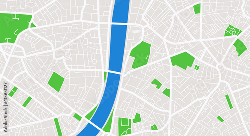 City center map with river and trees. GPS navigation. Flat vector illustration.
