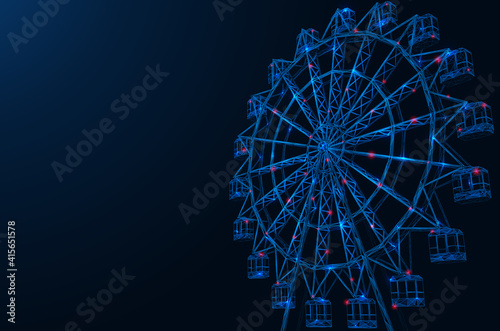 Ferris wheel. Futuristic polygonal construction. Blue background.
