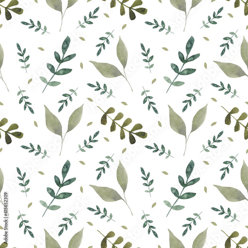 Watercolor leaves seamless pattern. Watercolor fabric. Repeat leaves. Use for design invitations, birthdays, weddings