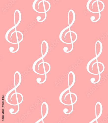 Vector seamless pattern of white hand drawn doodle sketch music treble clef note isolated on pink background