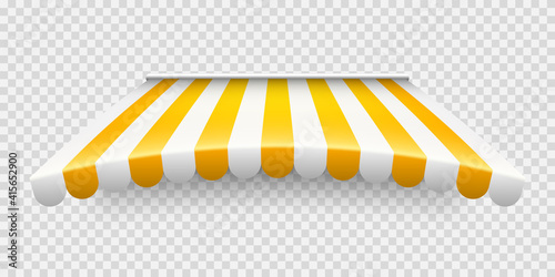 Yellow shop sunshade on transparent background. Realistic striped cafe awning. Outdoor market tent. Roof canopy. Summer street store. Vector illustration.