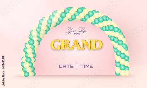 Grand Opening announcement with golden text and balloons arch for beauty business and startup company vector illustration