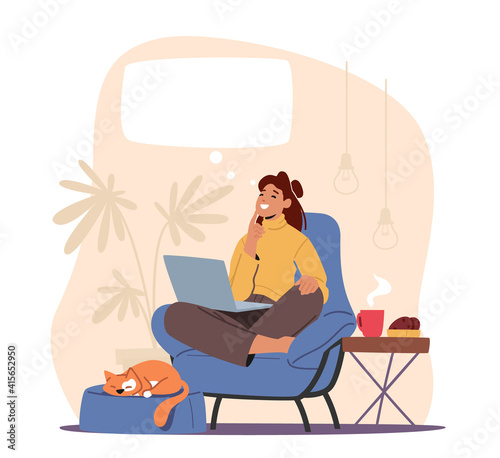 Happy Female Character Dreaming in Thoughtful Pose at Armchair with Notebook, Sleeping Cat and Steaming Coffee Cup