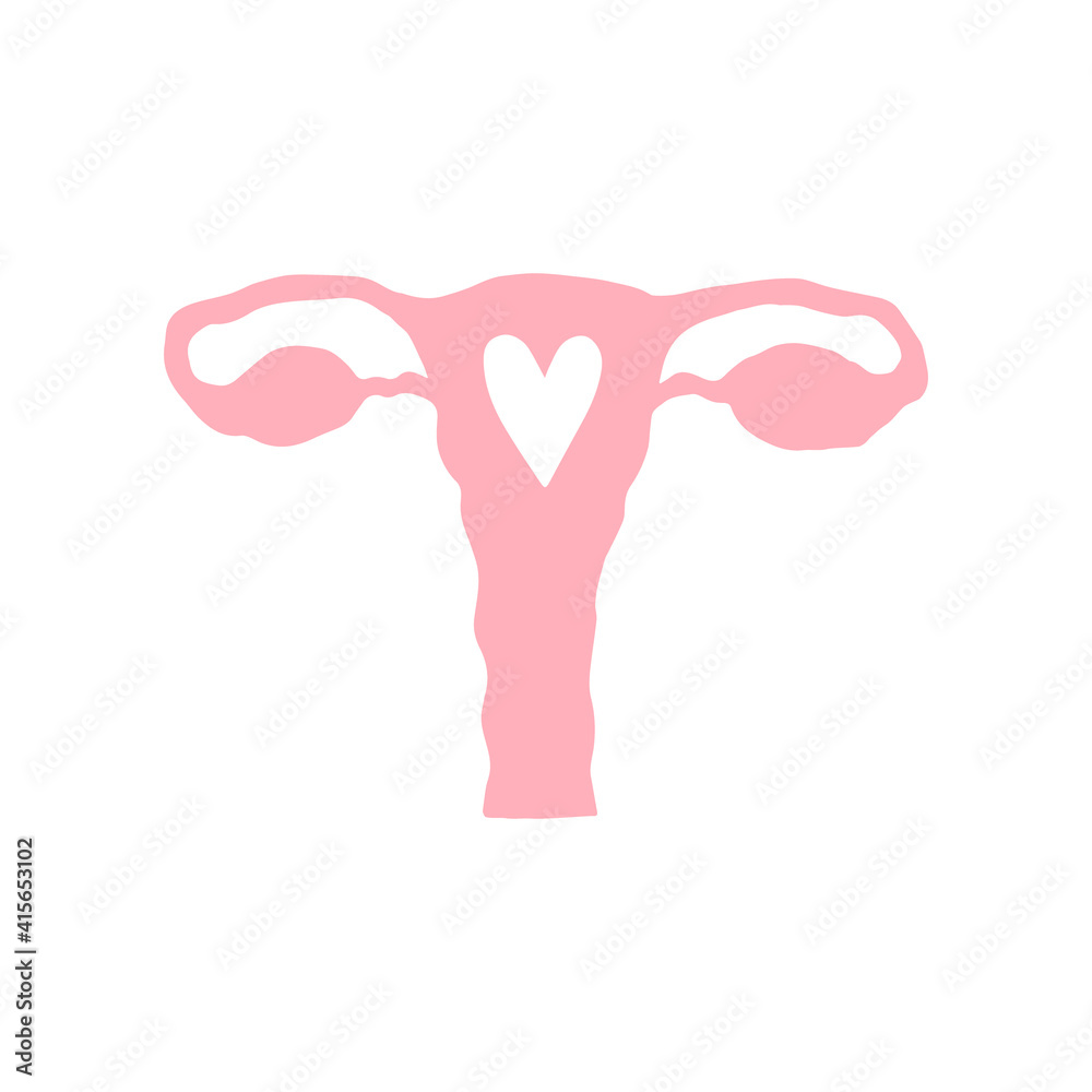Vector hand drawn pink uterus silhouette with heart isolated on white background Vector hand drawn pink uterus silhouette with heart isolated on white background