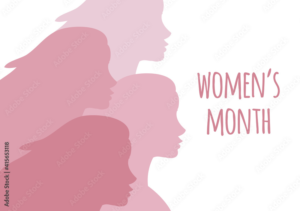 Vector flat banner with pink different women silhouette and women’s month lettering isolated on white background. International women’s day equality illustration