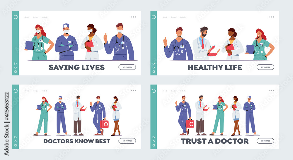 Doctor Characters in Medical Robe in Row Landing Page Template Set. Hospital Healthcare Staff with Medic Stuff, Medicine