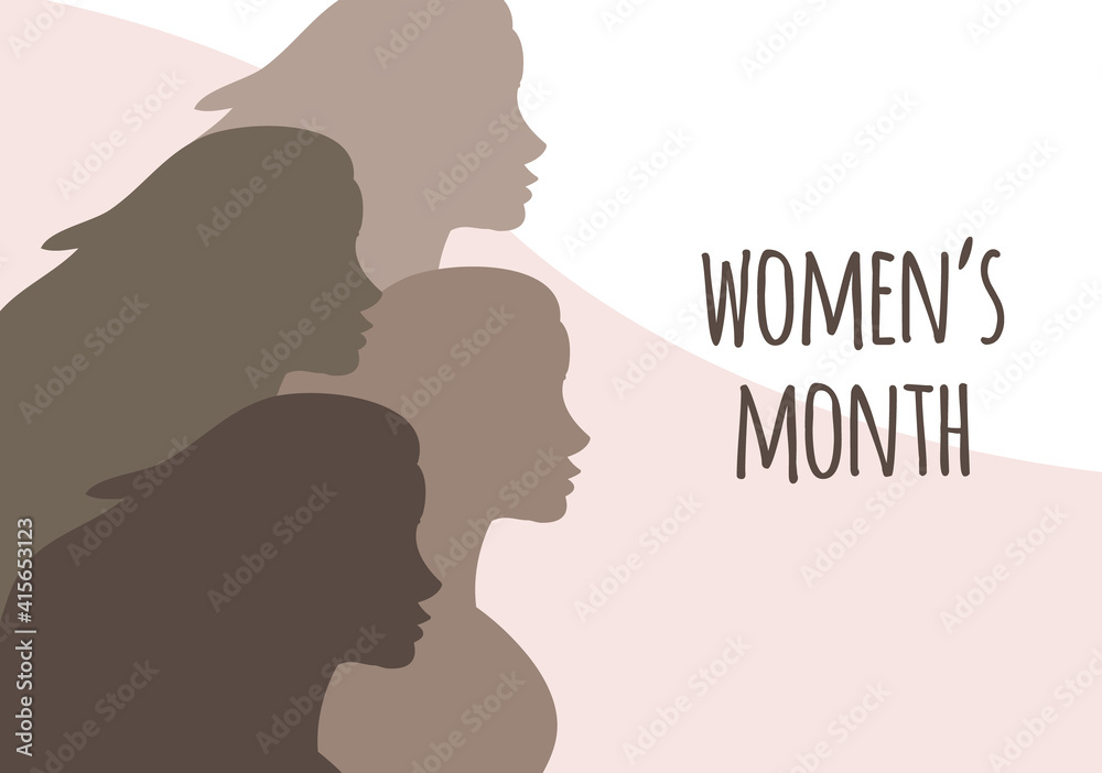 Vector flat banner with women silhouette and women’s month lettering isolated on black background. International women’s day equality illustration